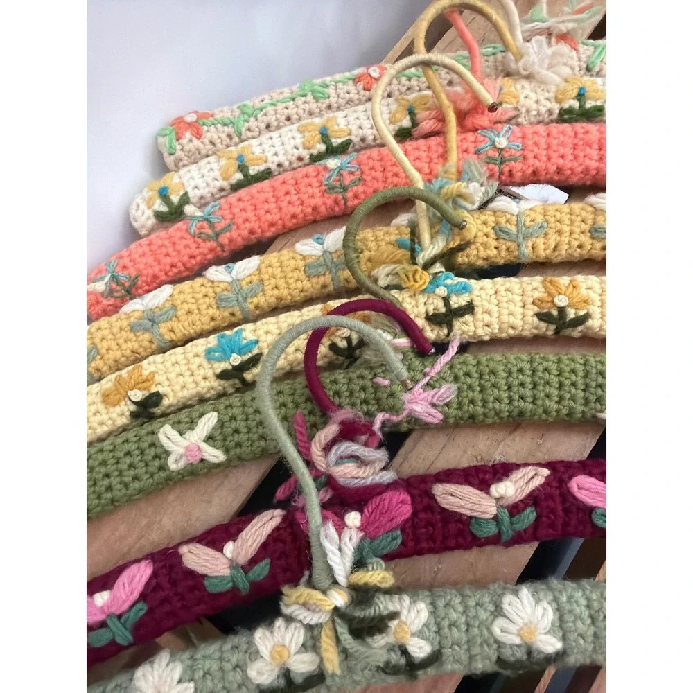 Vintage Crochet Floral Padded Clothes Hangers Set of 8 Boho Cottagecore Granny